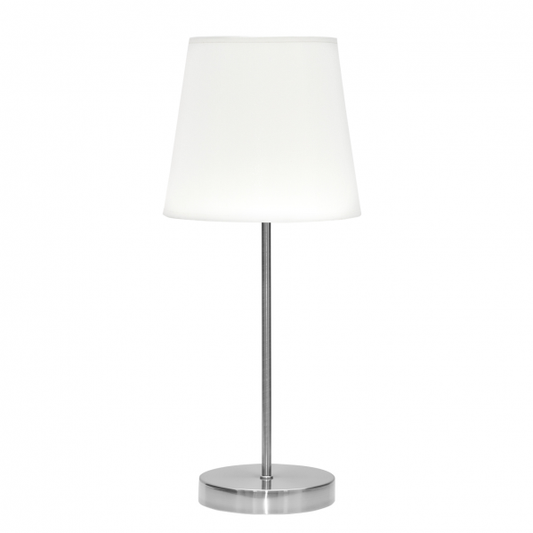 Lámpara de sobremesa Maldivas en níquel y blanco de Abrila, diseño clásico con base metálica y pantalla textil para luz difusa, bombilla E14, ideal para decoración interior doméstica, referencia 110671003.