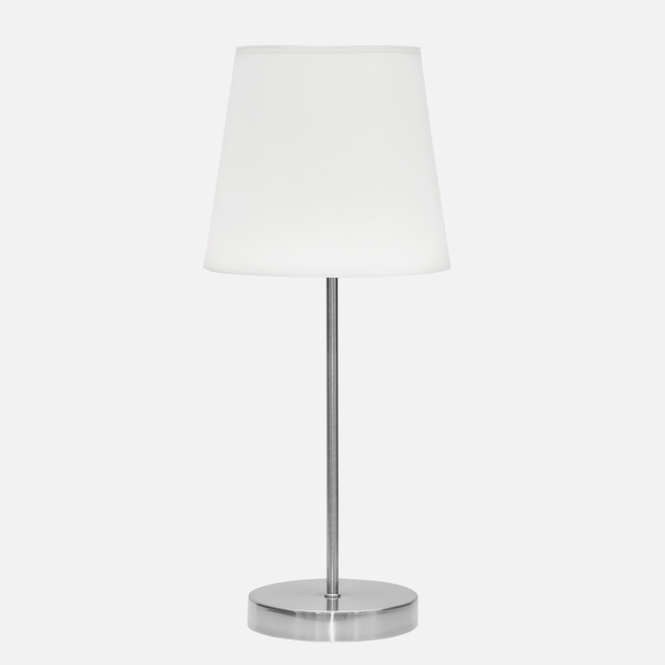 Lámpara de sobremesa Maldivas en níquel y blanco de Abrila, modelo 110671003, diseño clásico con base metálica y pantalla textil para luz difusa, ideal para decoración interior doméstica, casquillo E14.