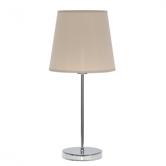 Lámpara de sobremesa Maldivas en cromo y piedra natural, diseño clásico de Abrila modelo 110671028 con bombilla E14 para luz difusa, ideal para decoración interior doméstica en estilo textil y metal.