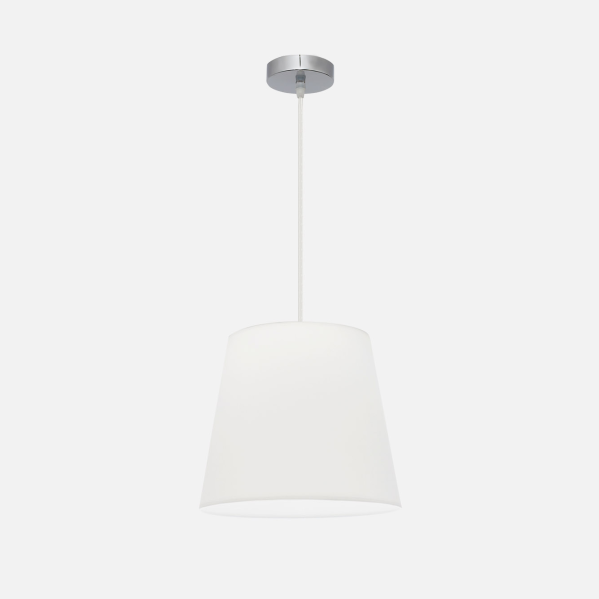 Lámpara colgante Maldivas en cromo y blanco de 35 cm, diseño Abrila con casquillo E27 para luz difusa, ideal para decoración interior doméstica, regulable en altura y combinando textil y metal.