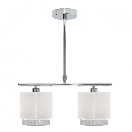 Lámpara Kenya de Abrila modelo 111052001 en blanco y gris, con 2 casquillos E14 para iluminación difusa en interiores domésticos, diseño de metal y textil inspirado en lámparas nature para decoración moderna.