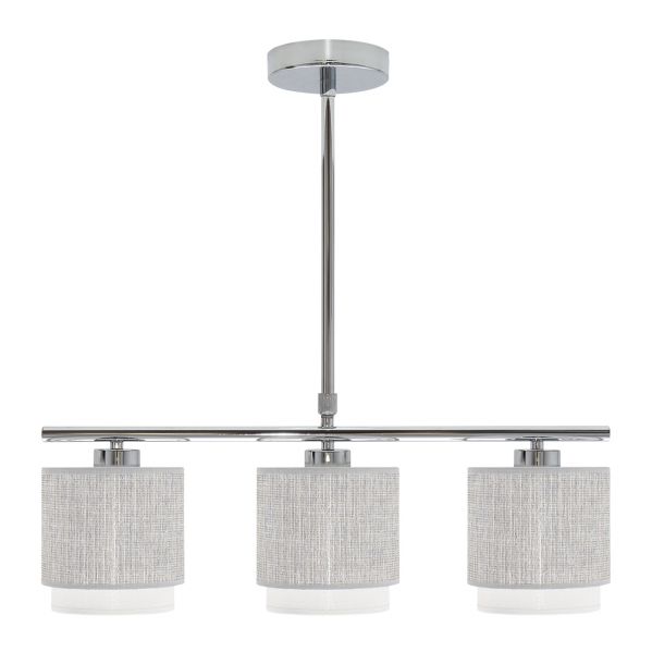 Lámpara de techo Kenya de Abrila en gris y blanco, modelo 111053028 con 3 casquillos E14, dimensiones 56x14 cm, diseño moderno en metal y textil para iluminación interior y decoración doméstica en estilo natural.
