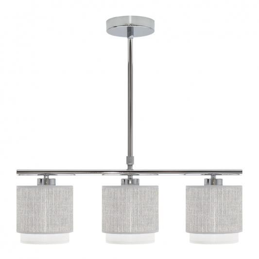 Lámpara de techo Kenya de Abrila en gris y blanco, modelo 111053028 con 3 casquillos E14, dimensiones 56x14 cm, diseño moderno en metal y textil para iluminación interior y decoración doméstica en estilo natural.
