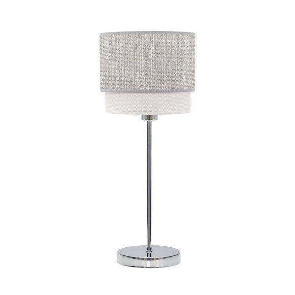 Lámpara sobremesa Kenya de Abrila en gris y blanco, diseño moderno con base metálica y pantalla textil para luz difusa, ideal para iluminación doméstica y decoración interior, modelo 1xE14 111071028.