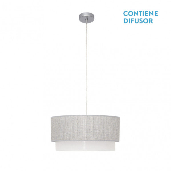 Colgante Kenya de Abrila, lámpara colgante moderna 40x40cm en gris y blanco con 3 portalámparas E27, luz difusa para decoración interior del hogar, material metal y textil, modelo 111094028.