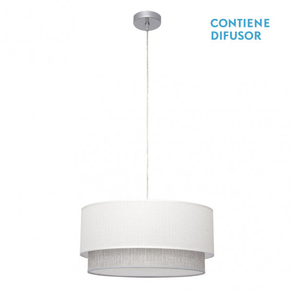 Colgante Kenya de Abrila en blanco y gris, modelo 111095001 con 3 casquillos E27, diseño moderno de 50x50 cm en metal y textil para iluminación interior doméstica y luz difusa natural.