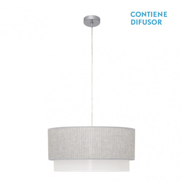 Colgante Kenya de Abrila en gris y blanco, modelo 111095028 con 3xE27, dimensiones 50x50cm, lámpara colgante de metal y textil para iluminación interior doméstica y decoración inspirada en la naturaleza.