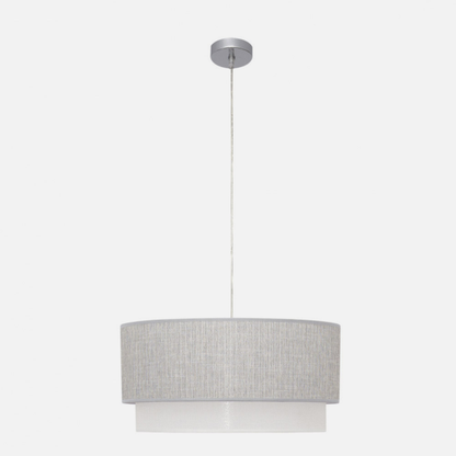 Lámpara colgante Kenya de Abrila en gris y blanco, diseño moderno de 50x50 cm con 3 casquillos E27, ideal para iluminación interior doméstica, material metal y textil inspirado en naturaleza.