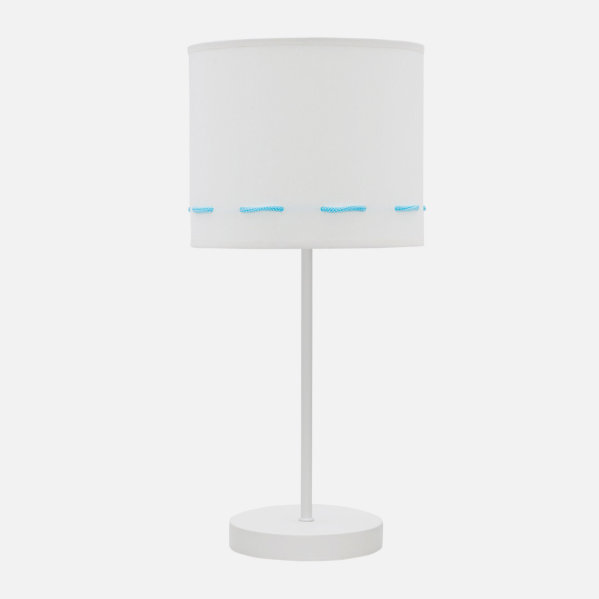 Lámpara sobremesa Trazos Celeste de Abrila, diseño infantil en metal y textil con luz difusa E14, 42x17x17 cm, ideal para decoración doméstica en interiores.