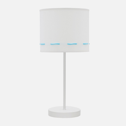 Lámpara sobremesa Trazos Celeste de Abrila, diseño infantil en metal y textil con luz difusa E14, 42x17x17 cm, ideal para decoración doméstica en interiores.