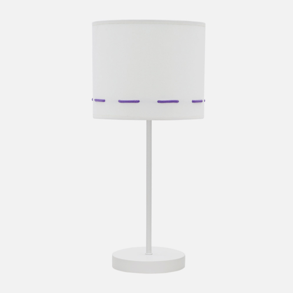 Lámpara sobremesa Trazos Lila de Abrila, diseño infantil en metal y textil con trazos artísticos en blanco y lila, dimensiones 42x17x17 cm, luz difusa para habitación infantil y decoración interior (código 111271019).