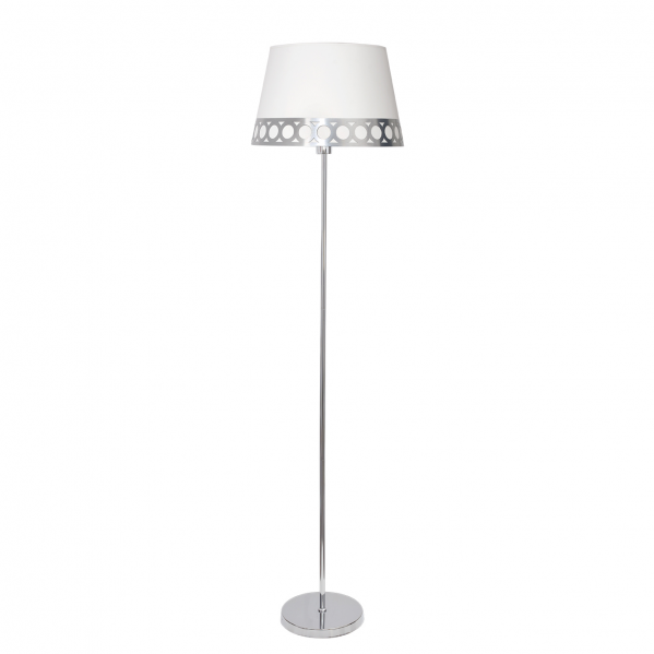 Lámpara de pie Dalia en blanco y plata de 165 cm, modelo Abrila 114841010, diseño clásico para iluminación doméstica con luz difusa en interiores, estructura de metal y textil para salón elegante.