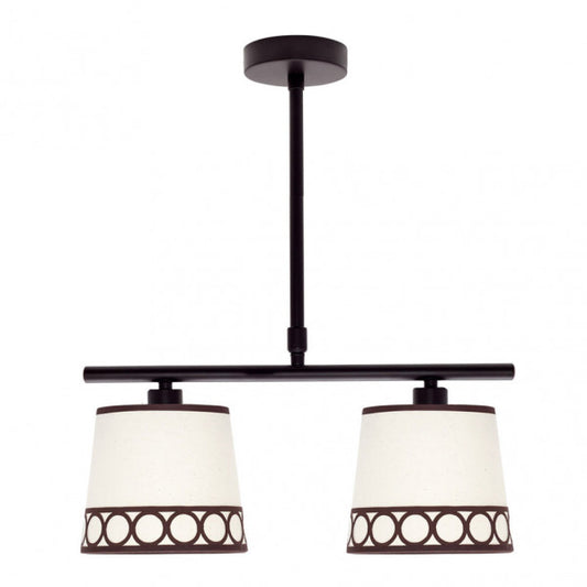 Lámpara de mesa Dalia en beige y marrón de Abrila, modelo 114852002 con 2 casquillos E14, diseño clásico de metal y textil para iluminación interior doméstica y decoración elegante.