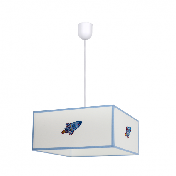 Colgante infantil de cohete en blanco y azul, diseño Abrila 35x35 cm, luz difusa para decoración e iluminación de habitación infantil, estilo textil para interiores.