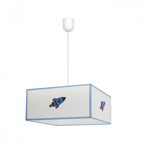Colgante infantil de cohete en blanco y azul, diseño Abrila 35x35 cm, luz difusa para decoración e iluminación de habitación infantil, estilo textil para interiores.