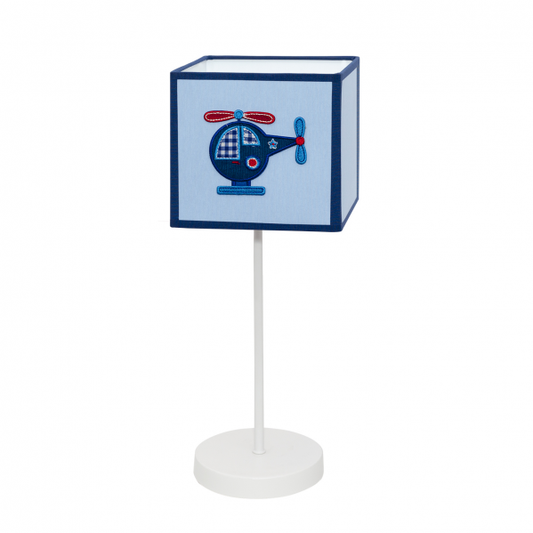 Lámpara de sobremesa infantil con diseño de helicóptero celeste de Abrila, modelo 117371048, ideal para decoración de habitaciones infantiles con luz cálida E14, estilo textil y aeronáutico para interiores acogedores.