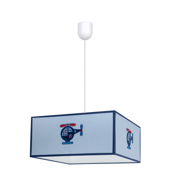 Colgante infantil helicóptero celeste de 35x35 cm, lámpara textil Abrila AI2 con bombilla E27 para decoración de habitación de niños, luz difusa y diseño interior juguetón.