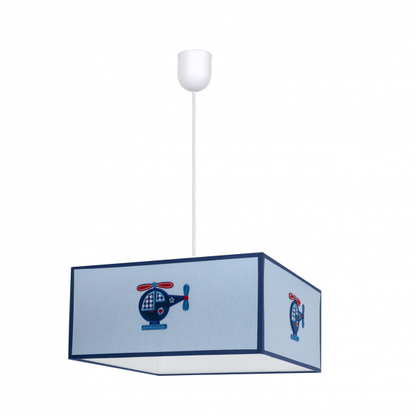 Colgante infantil helicóptero celeste de 35x35 cm, lámpara textil Abrila AI2 con bombilla E27 para decoración de habitación de niños, luz difusa y diseño interior juguetón.