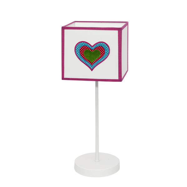 Lámpara de sobremesa infantil Amor de Abrila en blanco y rosa, diseño AI2 con bombilla E14, ideal para decoración de habitación de niños y textil interior.