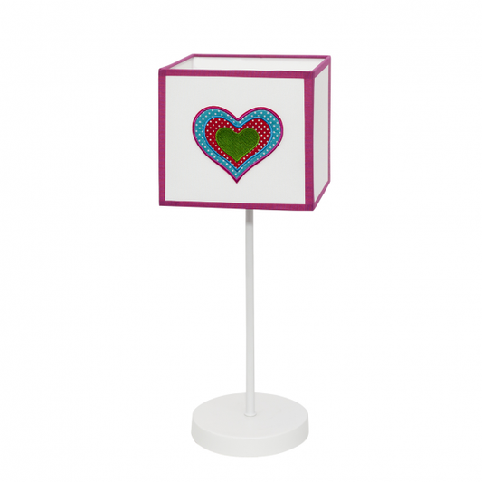 Lámpara de sobremesa infantil Amor de Abrila en blanco y rosa, diseño AI2 con bombilla E14, ideal para decoración de habitación de niños y textil interior.