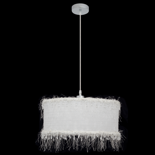 Colgante de hilos Abrila en blanco de 40 cm con casquillo E27, diseño vintage de metal y textil para iluminación interior doméstica y decoración.