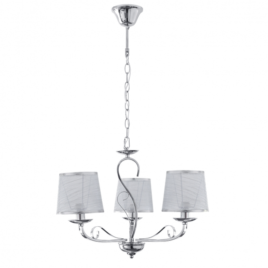 Lámpara de techo Sumba moderna en cromo de Abrila, modelo 117953020 con 3xE14 para bombillas LED, diseño clásico en metal textil para iluminación interior en hogar moderno.