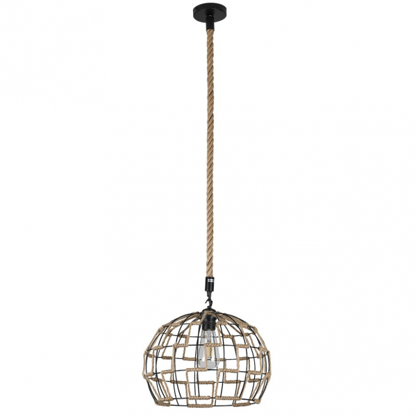 Colgante de yute Abrila con 1xE27 y cuerda regulable, diseño rústico vintage de 35x35 cm, ideal para decoración doméstica en interiores con estilo negro natural