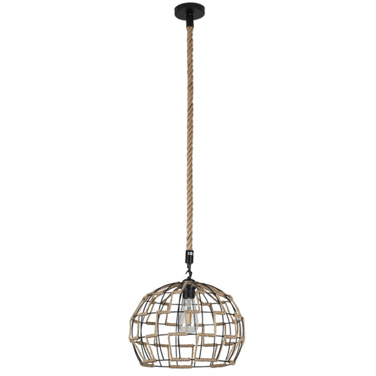 Colgante de yute Abrila con 1xE27 y cuerda regulable, diseño rústico vintage de 35x35 cm, ideal para decoración doméstica en interiores con estilo negro natural
