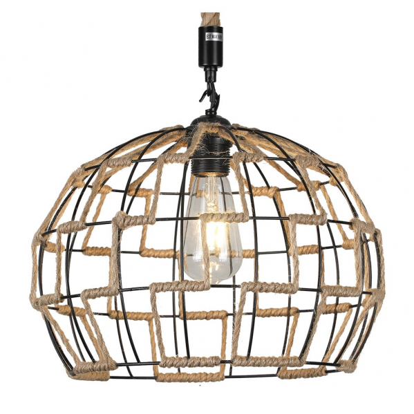 Colgante de yute Abrila con 1xE27 y cuerda regulable de 35x35 cm, estilo rústico vintage en negro natural para decoración de interiores domésticos.