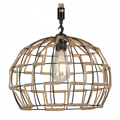 Colgante de yute Abrila con 1xE27 y cuerda regulable de 35x35 cm, estilo rústico vintage en negro natural para decoración de interiores domésticos.
