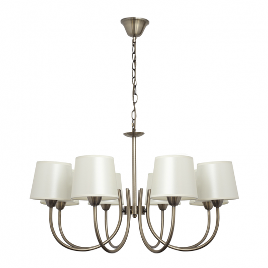 Lámpara clásica de techo Guadalajara de Abrila, modelo 121558014, en cuero beis con 8 casquillos E14, diseño vintage en metal y textil para iluminación interior y decoración elegante.