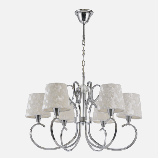 Lámpara Cancún de cromo y blanco con 6 casquillos E14, diseño clásico de Abrila para decoración interior doméstica, fabricada en metal, textil y cristal, modelo 121756020.