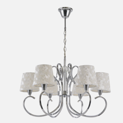 Lámpara Cancún de cromo y blanco con 6 casquillos E14, diseño clásico de Abrila para decoración interior doméstica, fabricada en metal, textil y cristal, modelo 121756020.