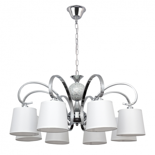 Lámpara de techo Concordia 8xe14 en cromo y blanco de Abrila, modelo 122358020 con cristal, metal y detalles textiles para iluminación interior clásica y decoración elegante.