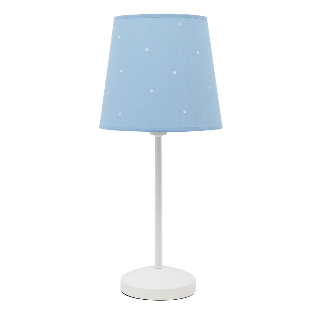 Lámpara de mesa infantil Consciencia Celeste de Fabrilamp, modelo 122871008, estructura de metal y pantalla de textil azul celeste para decoración doméstica.