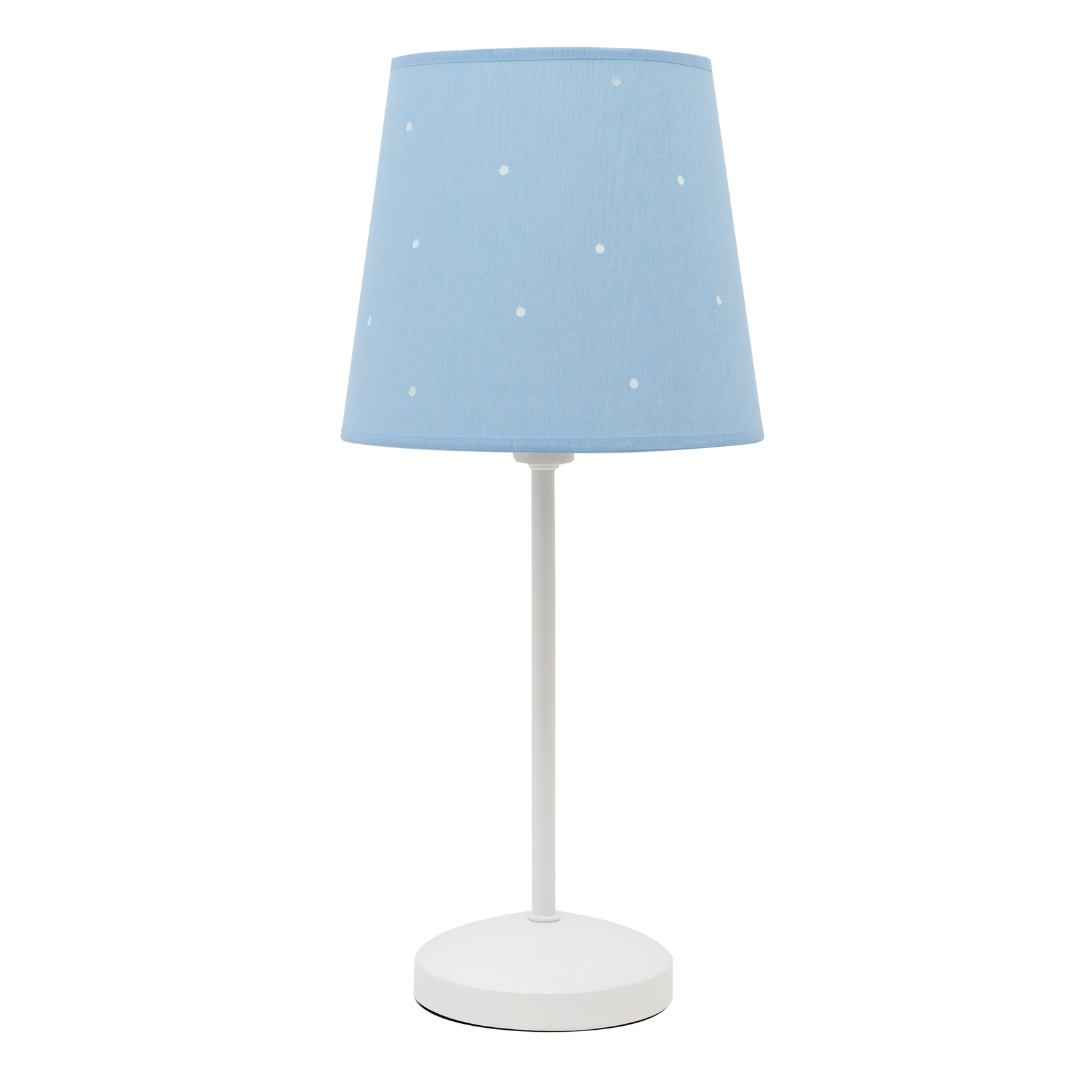 Lámpara de mesa infantil Consciencia Celeste de Fabrilamp, modelo 122871008, estructura de metal y pantalla de textil azul celeste para decoración doméstica.