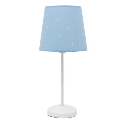 Lámpara de mesa infantil Consciencia Celeste de Fabrilamp, modelo 122871008, estructura de metal y pantalla de textil azul celeste para decoración doméstica.