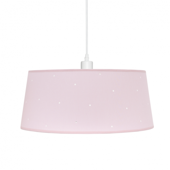 Colgante infantil textil de 40x40 cm en color rosa para consciencia, diseño Abrila con casquillo E27 y luz difusa, ideal para decoración de interiores domésticos infantiles, estructura de metal blanco.