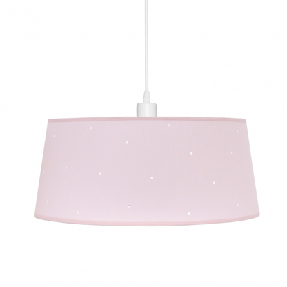 Colgante infantil textil de 40x40 cm en color rosa para consciencia, diseño Abrila con casquillo E27 y luz difusa, ideal para decoración de interiores domésticos infantiles, estructura de metal blanco.