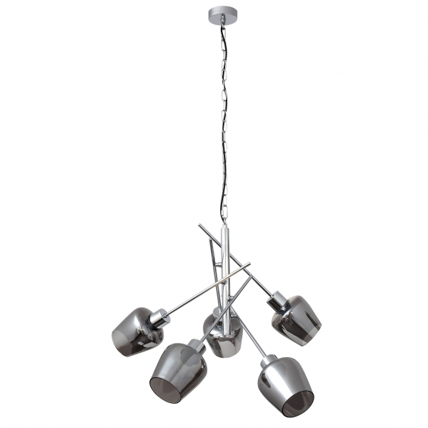 Lámpara colgante Soline de Abrila en cromo, modelo 5xe27 con 58x58 cm, diseño moderno de metal y cristal para iluminación regulable y luz difusa en decoración interior doméstica.