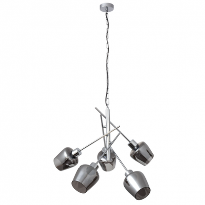 Lámpara colgante Soline de Abrila en cromo, modelo 5xe27 con 58x58 cm, diseño moderno de metal y cristal para iluminación regulable y luz difusa en decoración interior doméstica.