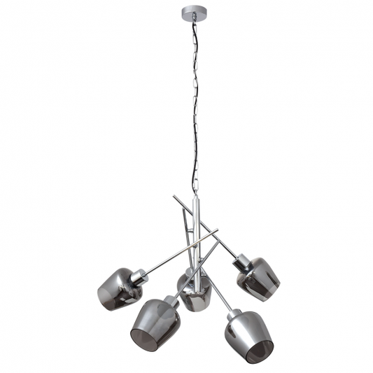 Lámpara colgante Soline de Abrila en cromo, modelo 5xe27 con 58x58 cm, diseño moderno de metal y cristal para iluminación regulable y luz difusa en decoración interior doméstica.