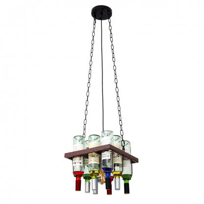 Lámpara colgante rústica Abrila en marrón con 8 botellas de vidrio para decoración de bodega, iluminación interior en metal y cristal, estilo rústico industrial para salones y comedores (modelo 124598002).