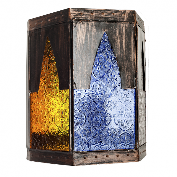 Aplique de pared rústico Meknes en marrón y colores vibrantes, diseño marroquí con cristal y metal de Abrila (modelo 125661002) para iluminación interior y decoración elegante.