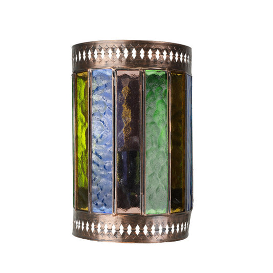 Aplique de pared artesanal Casablanca en marrón con detalles en colores vibrantes, diseño marroquí rústico de metal y cristal, modelo Abrila 1xE27 para iluminación interior decorativa.