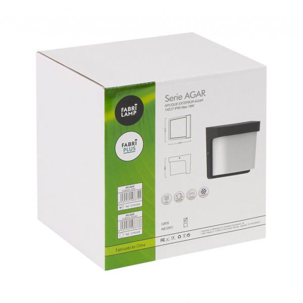 Aplique exterior Agar Gris IP65 de Fabrilamp, modelo 127061028, lámpara de iluminación exterior para jardín y terraza en policarbonato gris.