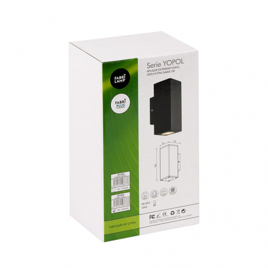 Aplique exterior negro Yopol de Fabrilamp, luminaria IP54 en policarbonato para jardín y terraza, modelo 127261009