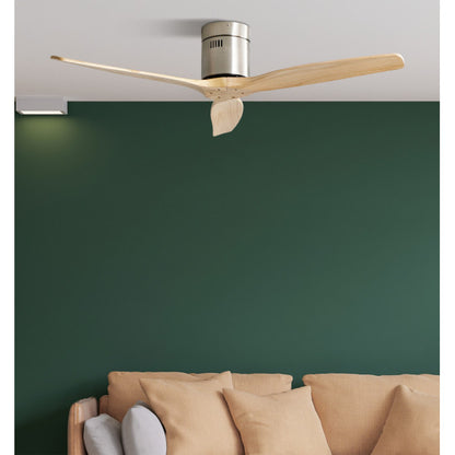 Ventilador de techo Aguilon en níquel con aspas de haya, modelo Abrila de 132 cm, 6 velocidades, motor DC eficiente, mando a distancia y función verano-invierno para interiores domésticos.