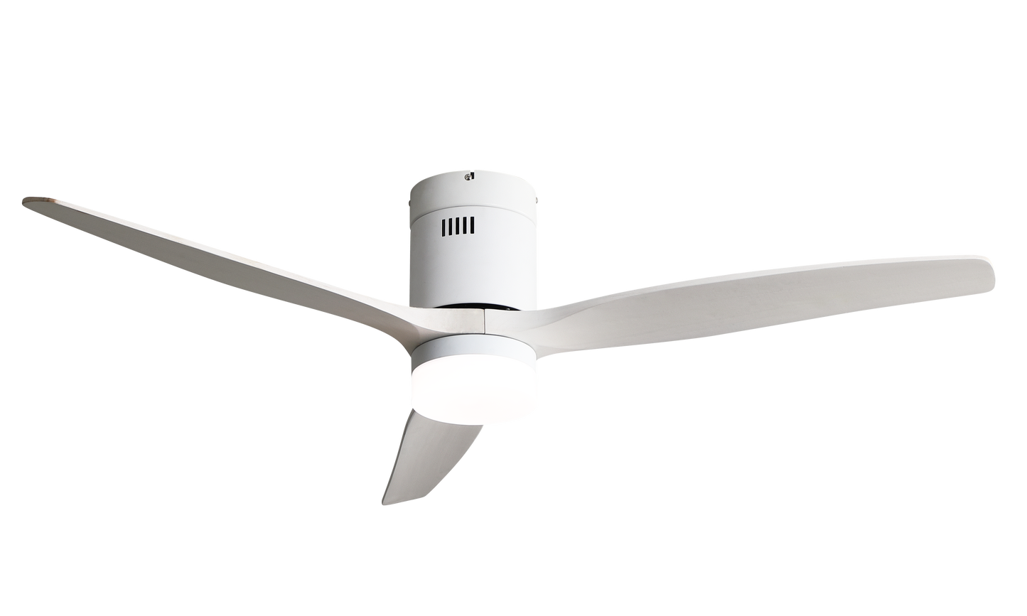 Ventilador de techo LED Aguilon blanco de Abrila modelo 128291301 con 20W, motor DC eficiente, 6 velocidades regulables, temporizador y luz LED integrada para interiores domésticos.