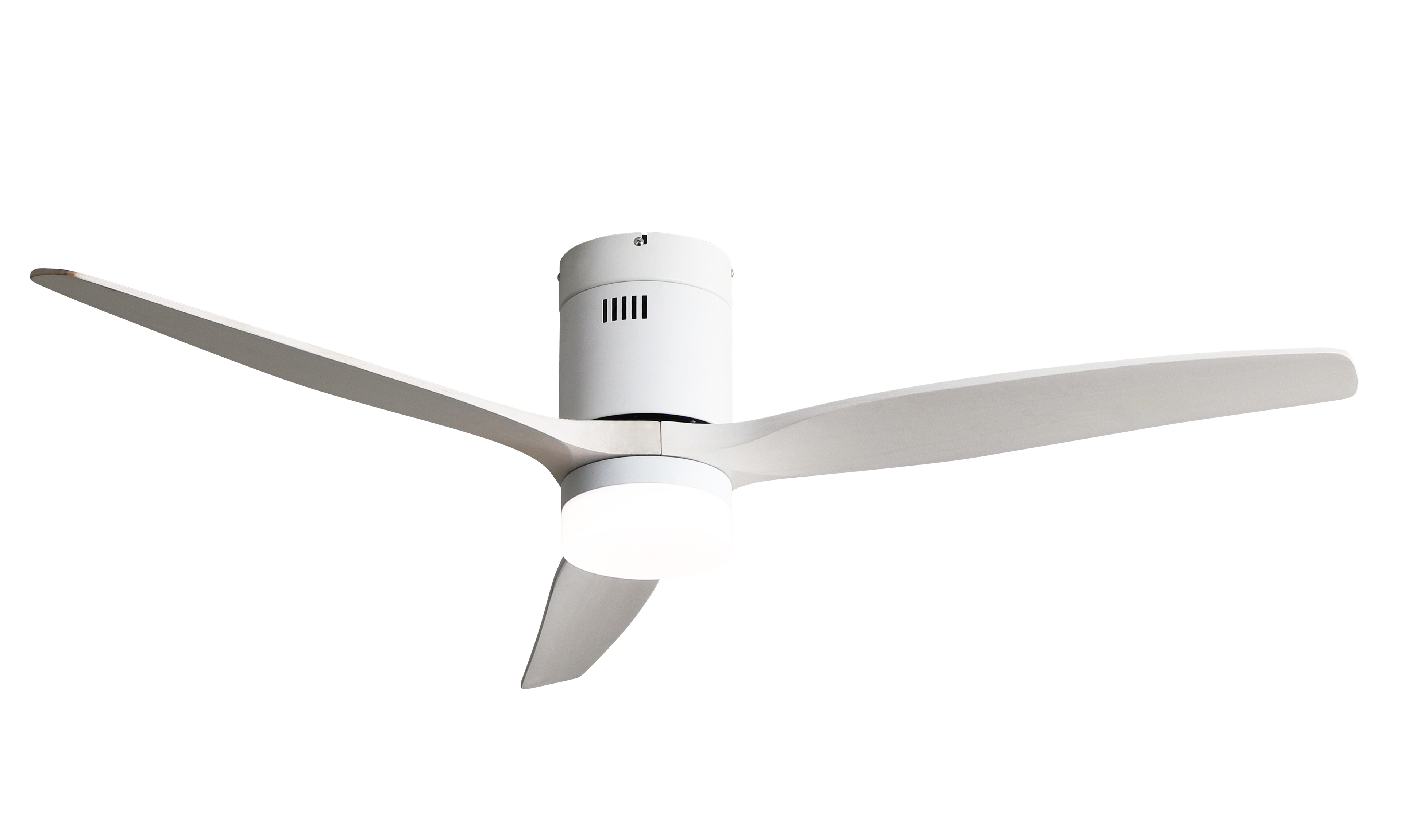 Ventilador de techo LED Aguilon blanco de Abrila modelo 128291301 con 20W, motor DC eficiente, 6 velocidades regulables, temporizador y luz LED integrada para interiores domésticos.